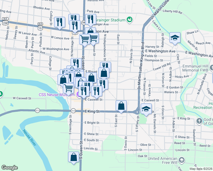 map of restaurants, bars, coffee shops, grocery stores, and more near 306 East Gordon Street in Kinston