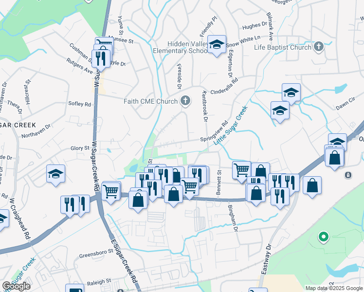 map of restaurants, bars, coffee shops, grocery stores, and more near 4624 Springview Road in Charlotte