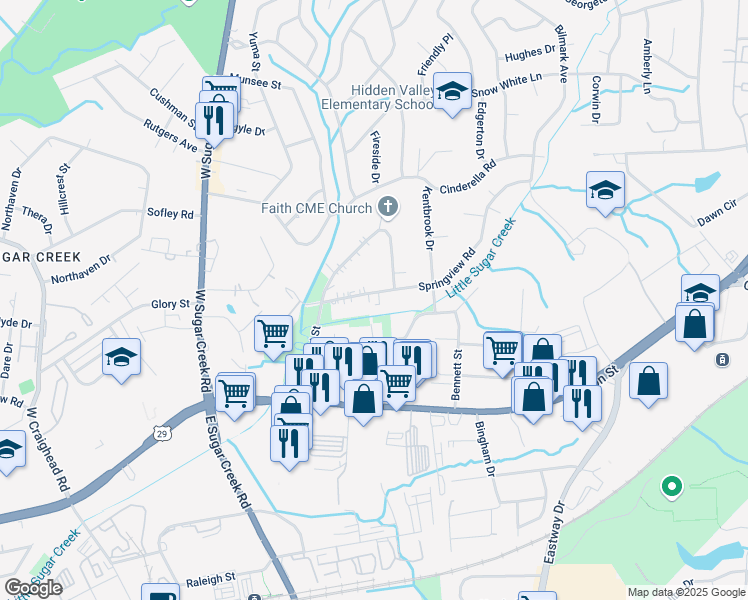 map of restaurants, bars, coffee shops, grocery stores, and more near 4624 Springview Road in Charlotte
