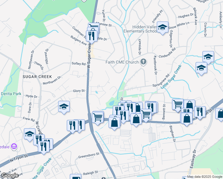 map of restaurants, bars, coffee shops, grocery stores, and more near 500 Beechway Circle in Charlotte