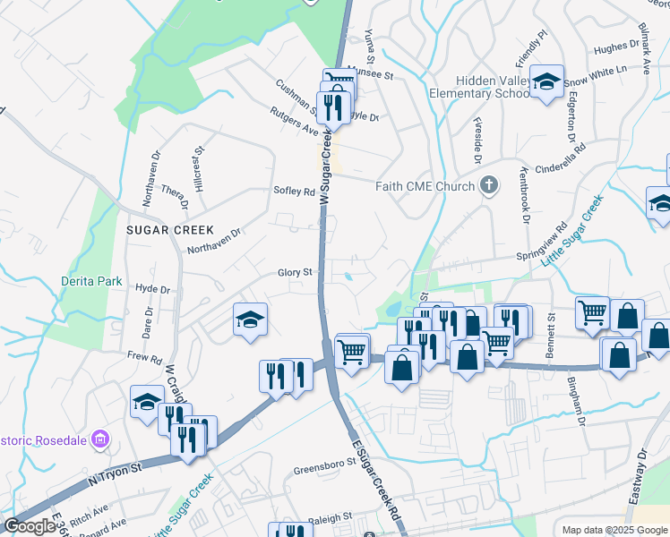 map of restaurants, bars, coffee shops, grocery stores, and more near 240 West Sugar Creek Road in Charlotte