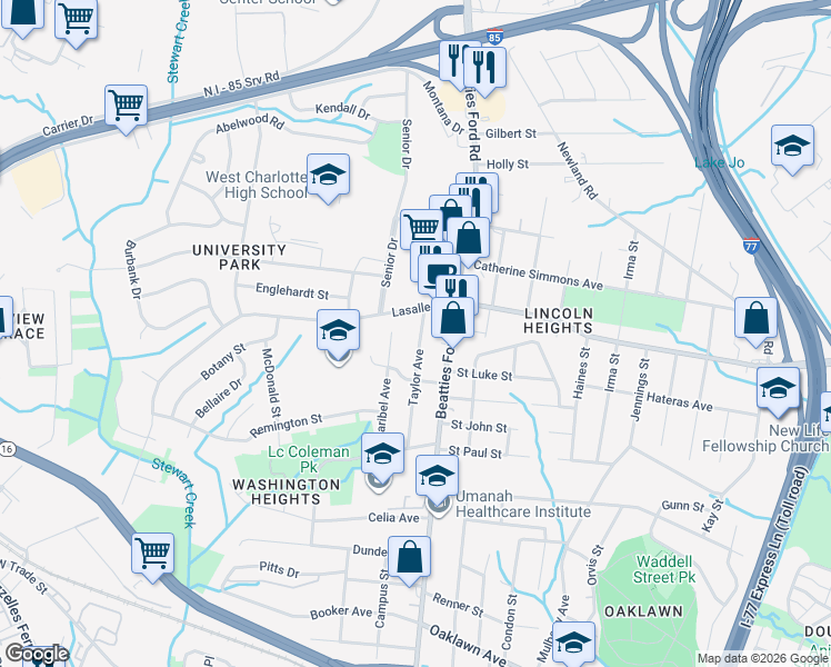 map of restaurants, bars, coffee shops, grocery stores, and more near 1916 Taylor Avenue in Charlotte
