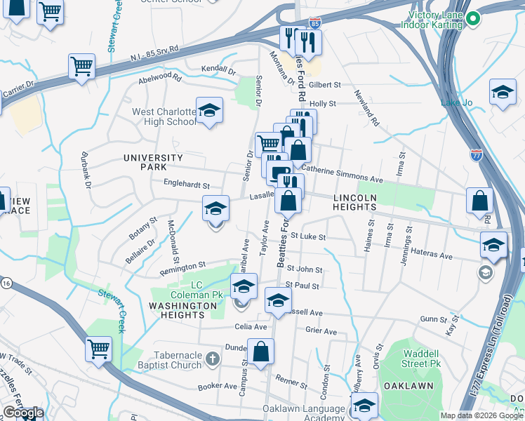 map of restaurants, bars, coffee shops, grocery stores, and more near 1916 Taylor Avenue in Charlotte