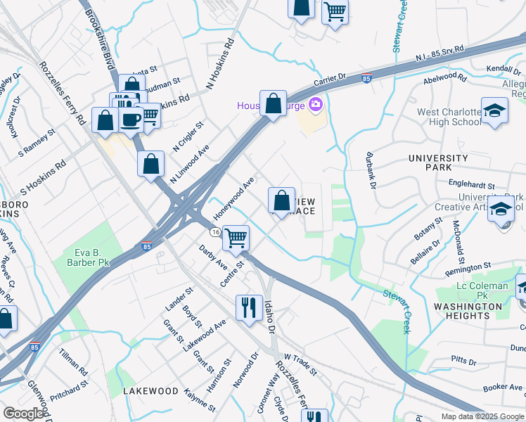 map of restaurants, bars, coffee shops, grocery stores, and more near 3427 Kentucky Avenue in Charlotte