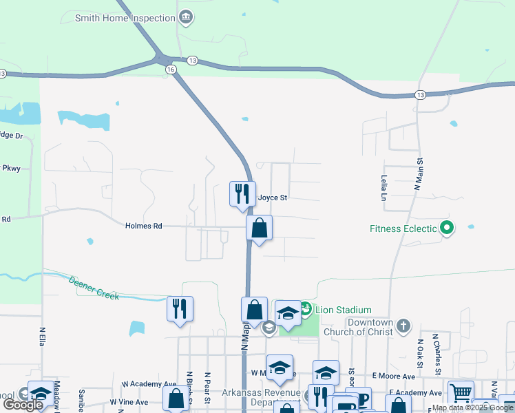 map of restaurants, bars, coffee shops, grocery stores, and more near 1302 North Maple Street in Searcy
