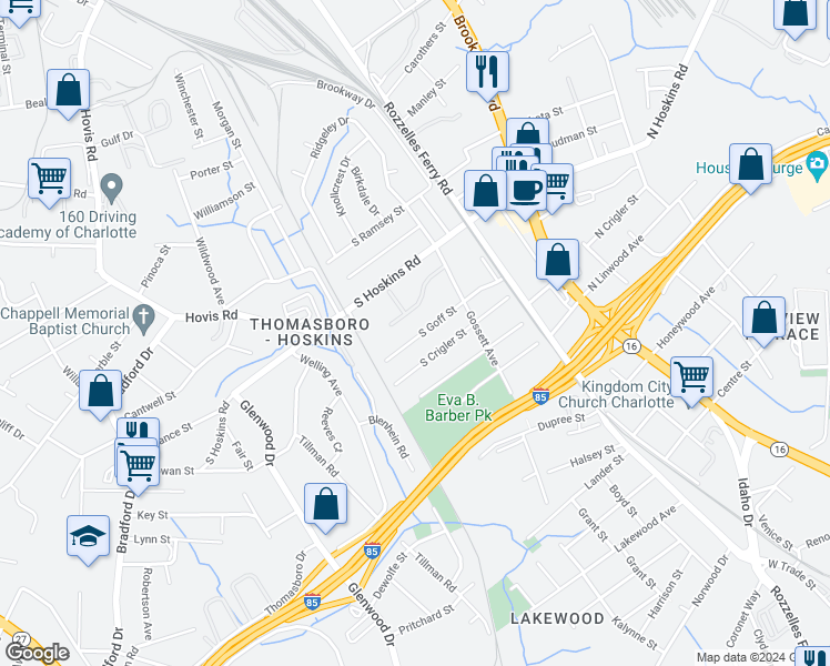 map of restaurants, bars, coffee shops, grocery stores, and more near 300 South Goff Street in Charlotte