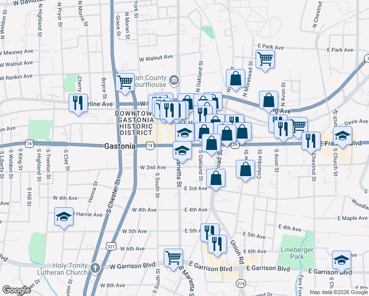 map of restaurants, bars, coffee shops, grocery stores, and more near 121 East Franklin Boulevard in Gastonia