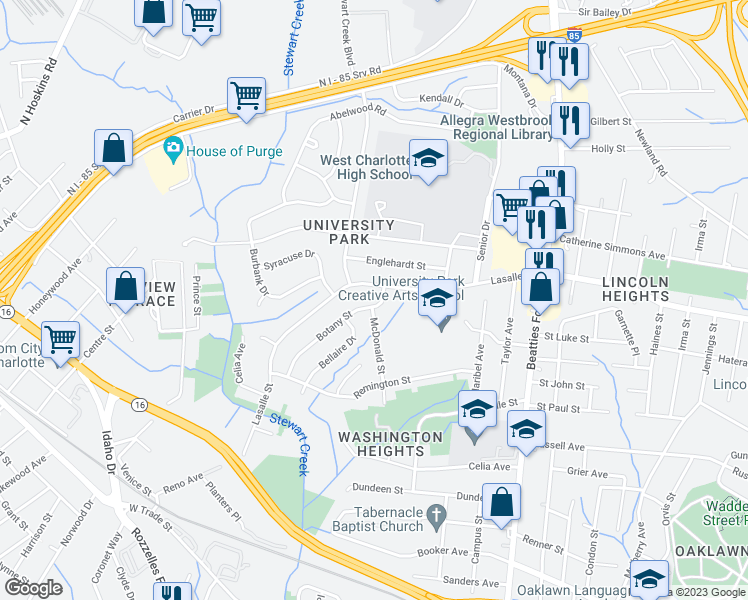 map of restaurants, bars, coffee shops, grocery stores, and more near 2712 Botany Street in Charlotte