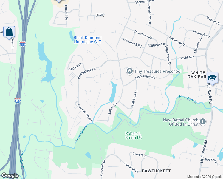 map of restaurants, bars, coffee shops, grocery stores, and more near 4612 Montelena Drive in Charlotte