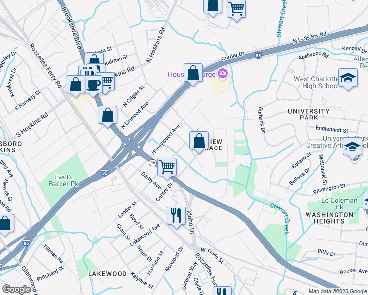 map of restaurants, bars, coffee shops, grocery stores, and more near 3427 Kentucky Avenue in Charlotte