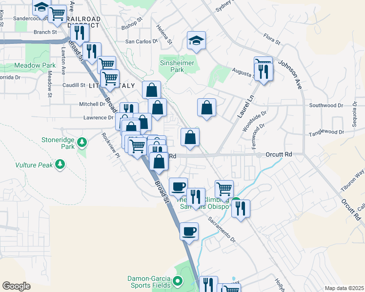 map of restaurants, bars, coffee shops, grocery stores, and more near 3183 Duncan Lane in San Luis Obispo