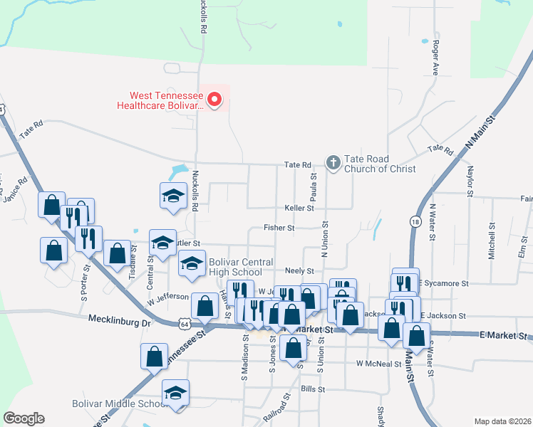 map of restaurants, bars, coffee shops, grocery stores, and more near 543 North Jones Street in Bolivar