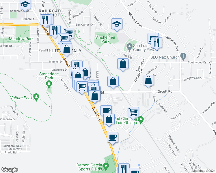 map of restaurants, bars, coffee shops, grocery stores, and more near 3183 Duncan Road in San Luis Obispo