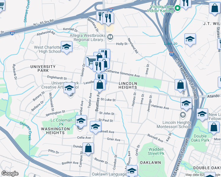map of restaurants, bars, coffee shops, grocery stores, and more near 2020 Custer Street in Charlotte