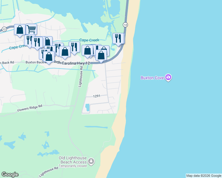 map of restaurants, bars, coffee shops, grocery stores, and more near 46051 South Tower Circle in Buxton