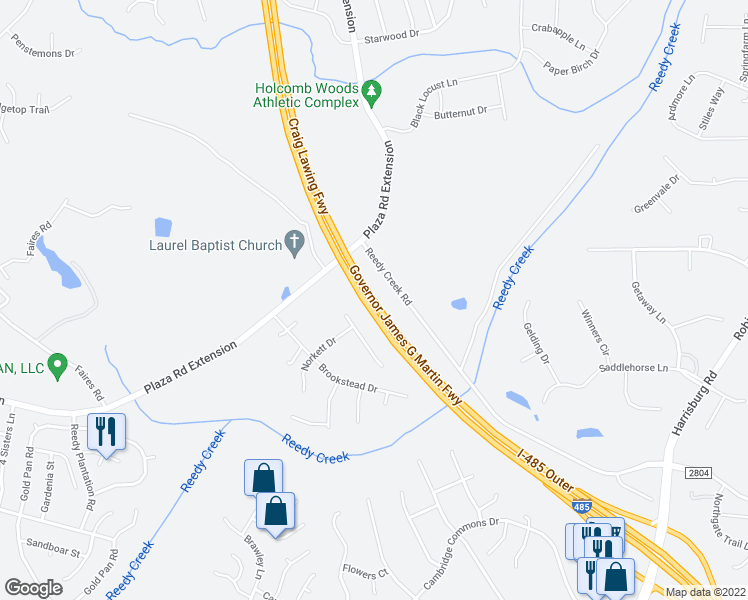 map of restaurants, bars, coffee shops, grocery stores, and more near Interstate 485 Outer in Charlotte