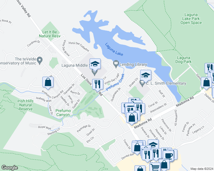 map of restaurants, bars, coffee shops, grocery stores, and more near 1287 Vista Del Lago in San Luis Obispo