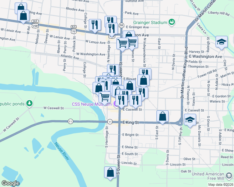 map of restaurants, bars, coffee shops, grocery stores, and more near 210 North Queen Street in Kinston