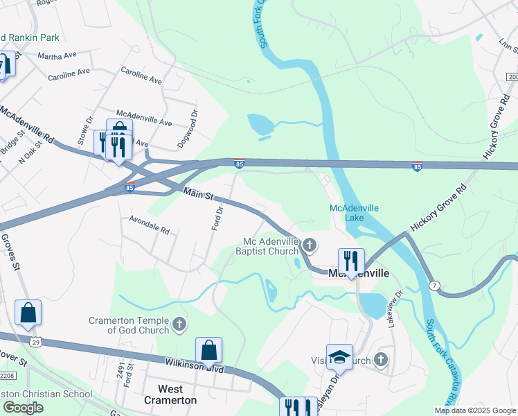 map of restaurants, bars, coffee shops, grocery stores, and more near 290 Main Street in Gastonia