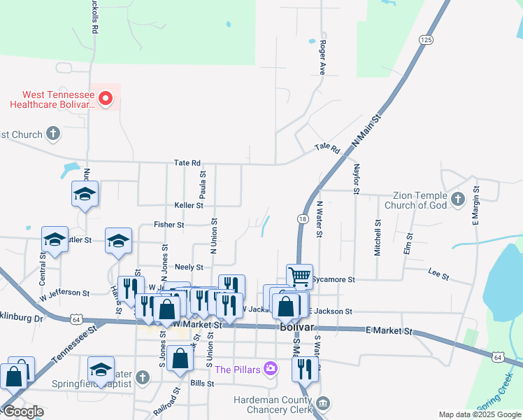 map of restaurants, bars, coffee shops, grocery stores, and more near 450 North Lauderdale Street in Bolivar