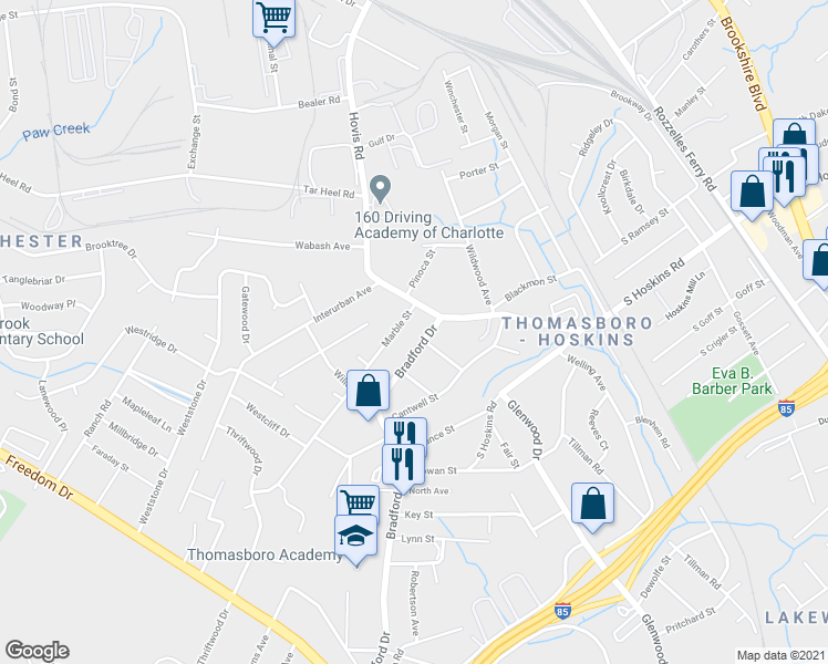 map of restaurants, bars, coffee shops, grocery stores, and more near 110 Bradford Drive in Charlotte