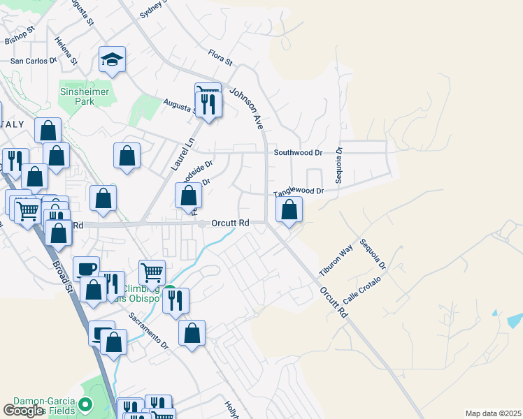 map of restaurants, bars, coffee shops, grocery stores, and more near 3667 Johnson Avenue in San Luis Obispo