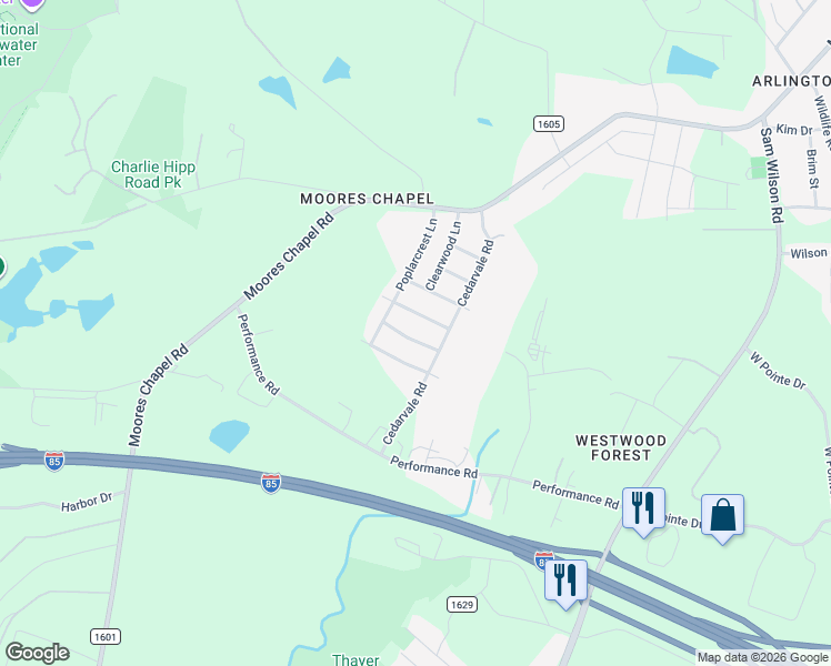 map of restaurants, bars, coffee shops, grocery stores, and more near 3730 Elderwood Lane in Charlotte