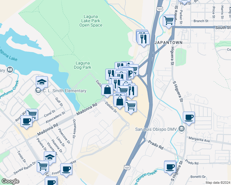 map of restaurants, bars, coffee shops, grocery stores, and more near 309 El Mercado in San Luis Obispo