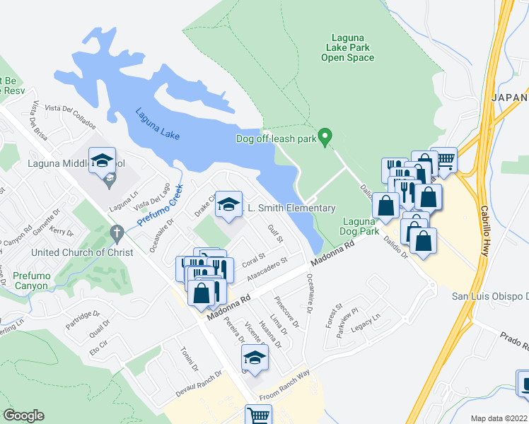 map of restaurants, bars, coffee shops, grocery stores, and more near 1464 Gulf Street in San Luis Obispo