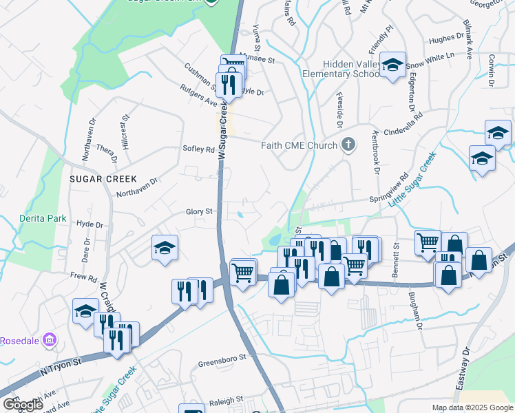 map of restaurants, bars, coffee shops, grocery stores, and more near 4400 Rolling Hill Drive in Charlotte