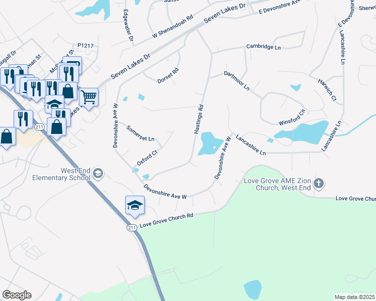 map of restaurants, bars, coffee shops, grocery stores, and more near 132 Hastings Road in Seven Lakes
