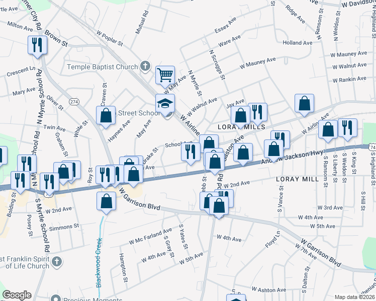 map of restaurants, bars, coffee shops, grocery stores, and more near 104 North Yates Street in Gastonia