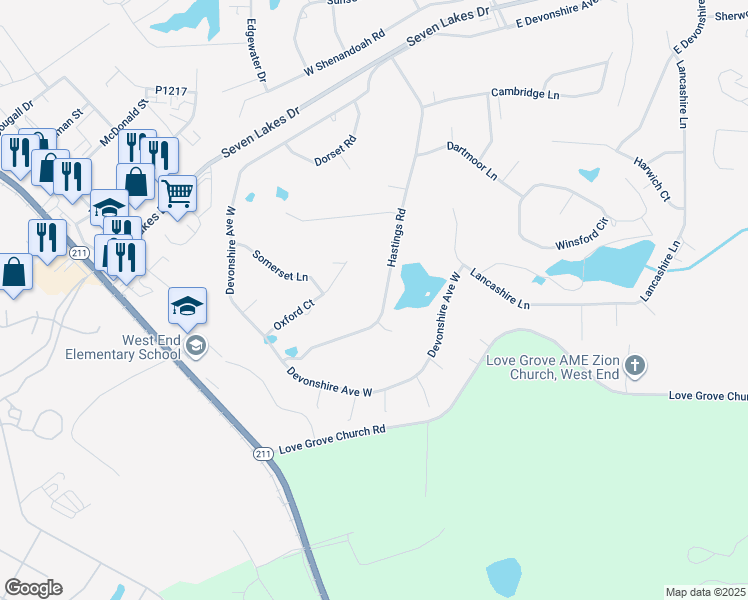 map of restaurants, bars, coffee shops, grocery stores, and more near 132 Hastings Road in Seven Lakes
