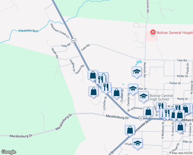 map of restaurants, bars, coffee shops, grocery stores, and more near 1354 West Market Street in Bolivar