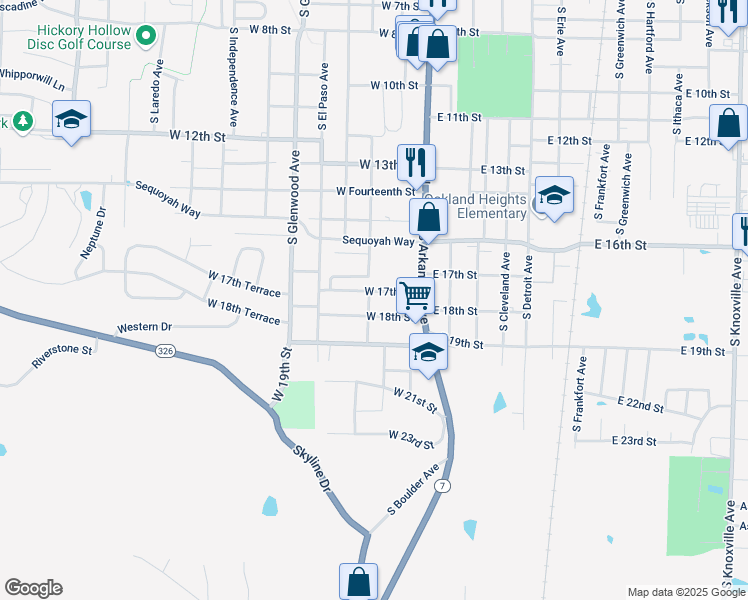 map of restaurants, bars, coffee shops, grocery stores, and more near 1701 South Commerce Avenue in Russellville