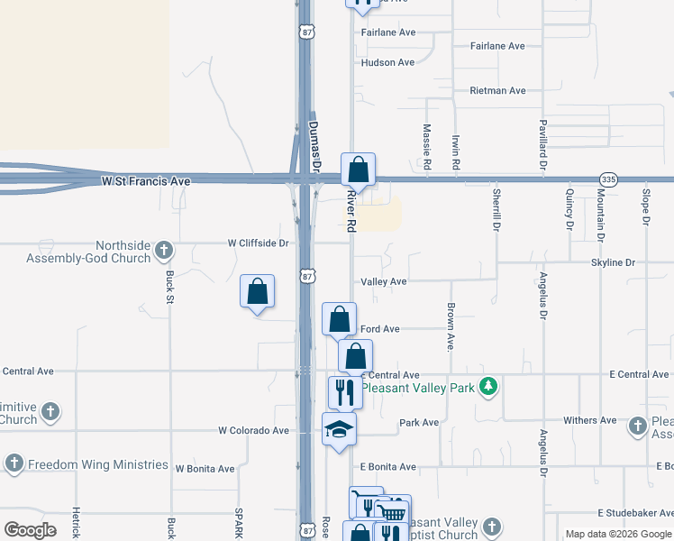 map of restaurants, bars, coffee shops, grocery stores, and more near 5203 River Road in Amarillo