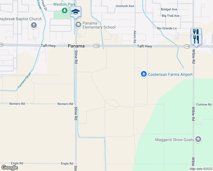 map of restaurants, bars, coffee shops, grocery stores, and more near 10502-11298 Van Horn Road in Bakersfield