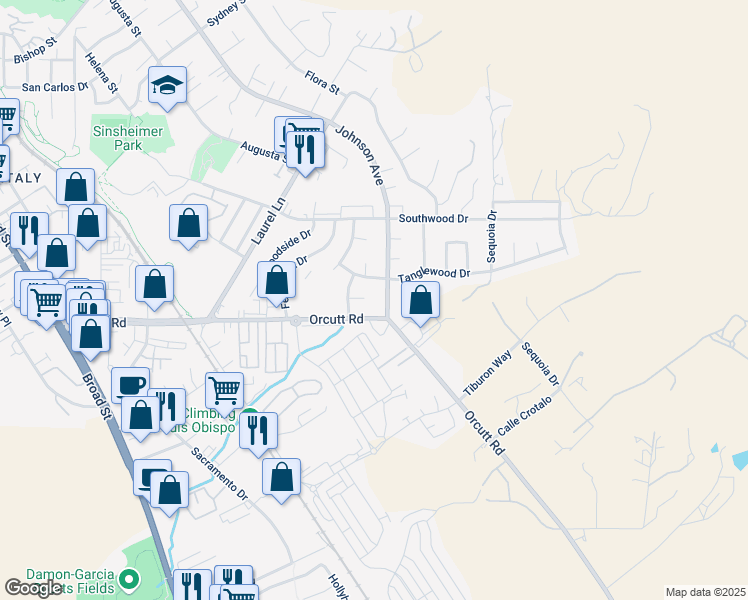 map of restaurants, bars, coffee shops, grocery stores, and more near 3667 Johnson Avenue in San Luis Obispo