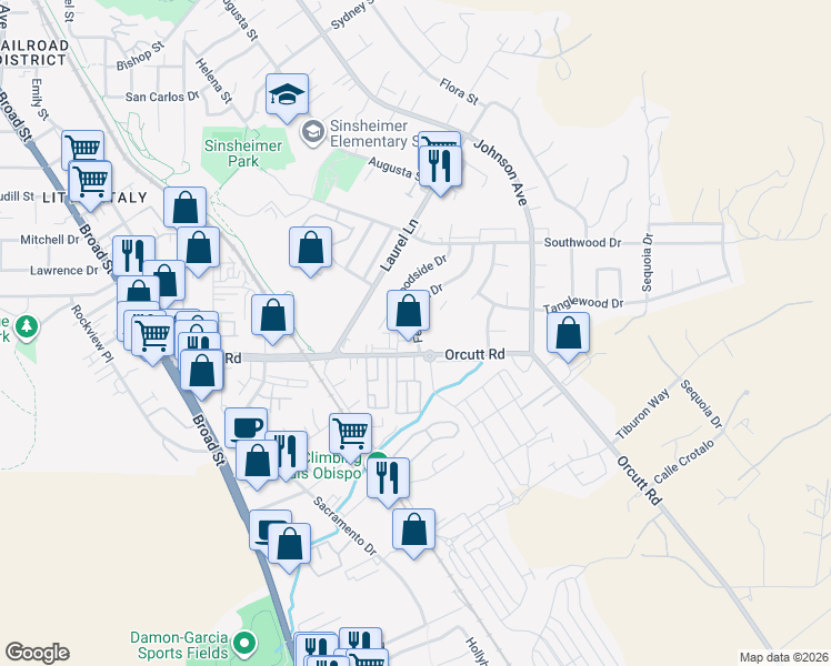 map of restaurants, bars, coffee shops, grocery stores, and more near 1148 Fernwood Drive in San Luis Obispo