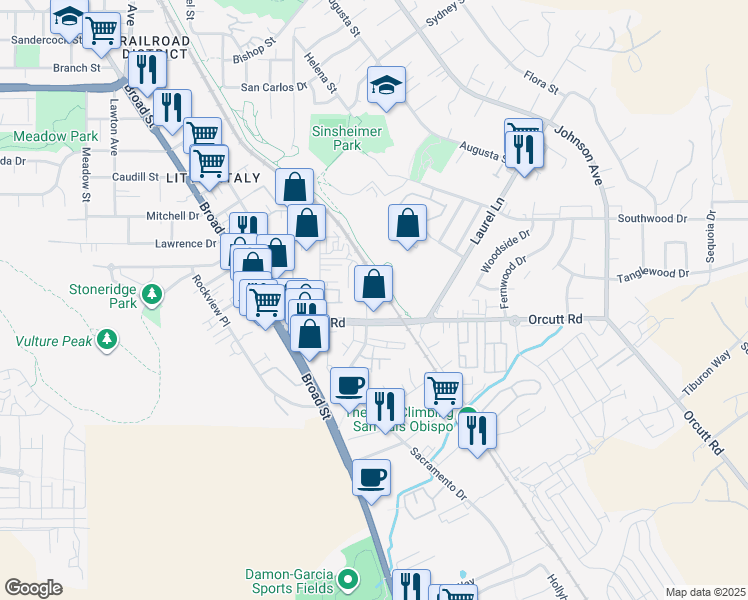 map of restaurants, bars, coffee shops, grocery stores, and more near 3183 Duncan Road in San Luis Obispo