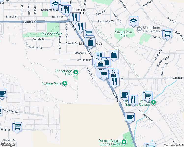 map of restaurants, bars, coffee shops, grocery stores, and more near 2968 Rockview Place in San Luis Obispo