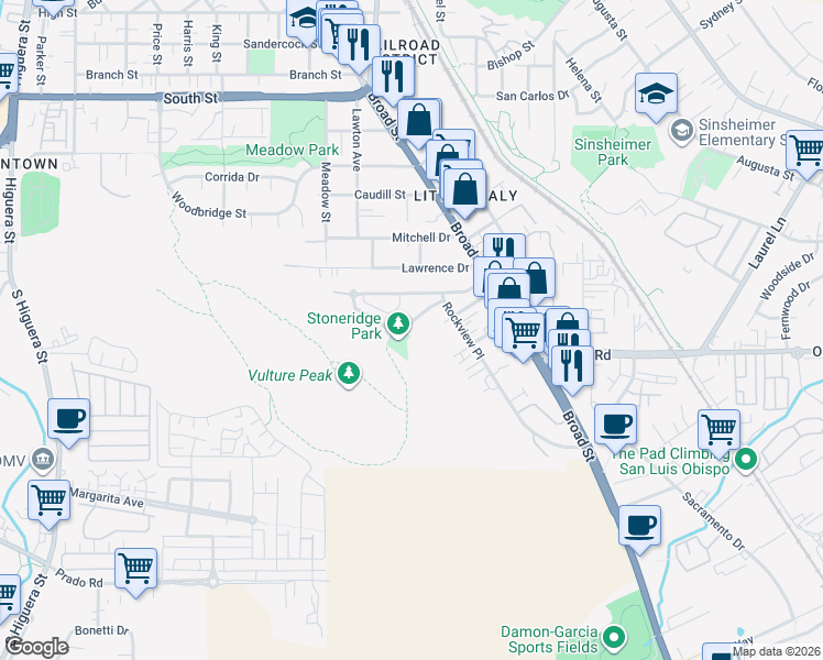 map of restaurants, bars, coffee shops, grocery stores, and more near 524 Bluerock Drive in San Luis Obispo