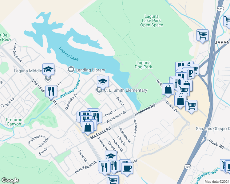 map of restaurants, bars, coffee shops, grocery stores, and more near 1464 Gulf Street in San Luis Obispo