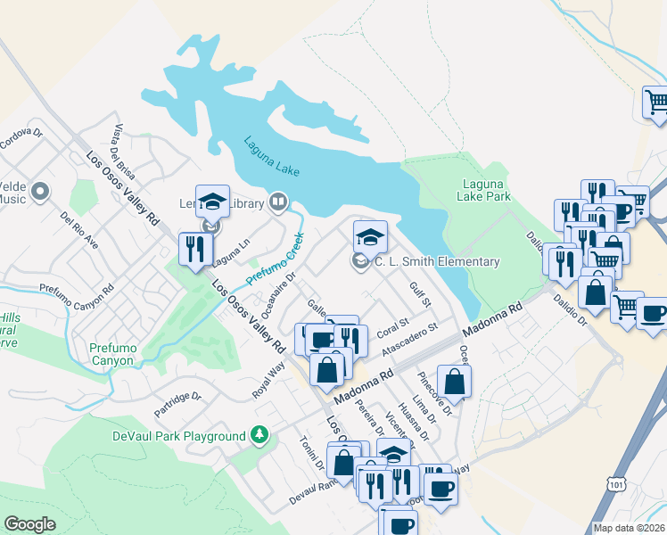 map of restaurants, bars, coffee shops, grocery stores, and more near 1375 Balboa Street in San Luis Obispo