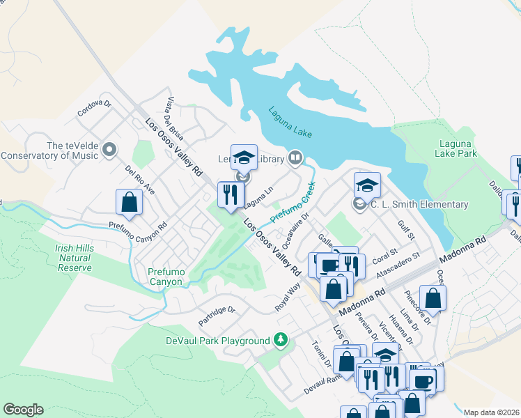 map of restaurants, bars, coffee shops, grocery stores, and more near 1291 Vista Del Lago in San Luis Obispo
