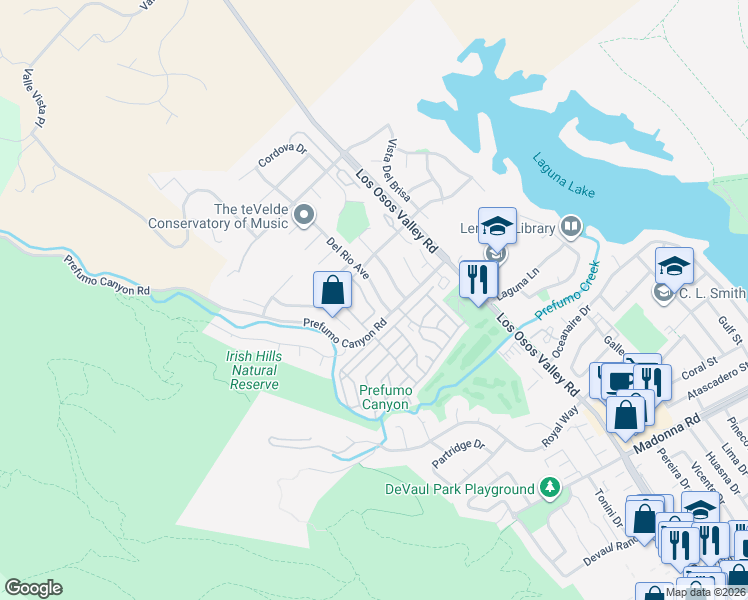 map of restaurants, bars, coffee shops, grocery stores, and more near 1750 Prefumo Canyon Road in San Luis Obispo