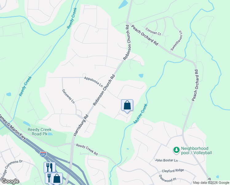 map of restaurants, bars, coffee shops, grocery stores, and more near 4554 Appaloosa Lane in Charlotte