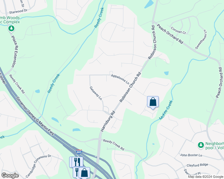 map of restaurants, bars, coffee shops, grocery stores, and more near 7916 Saddleview Court in Charlotte