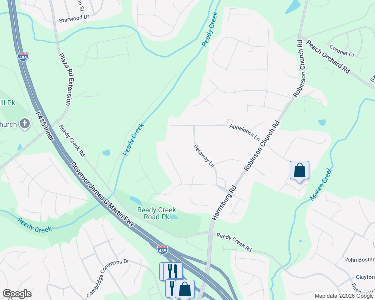 map of restaurants, bars, coffee shops, grocery stores, and more near 11601 Getaway Lane in Charlotte