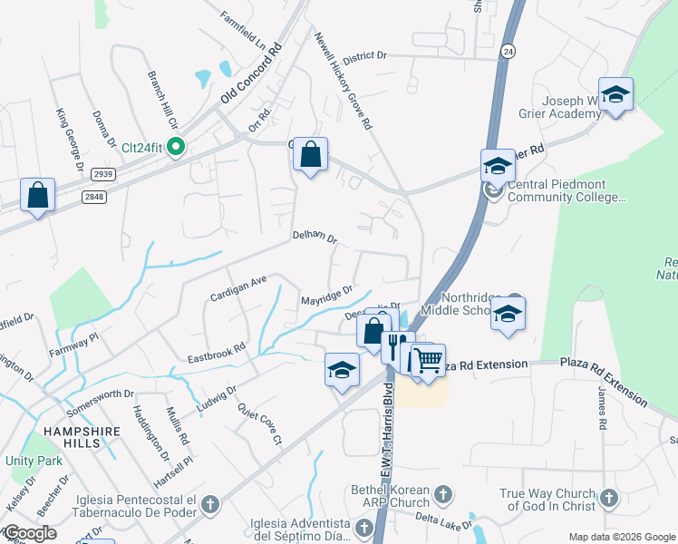 map of restaurants, bars, coffee shops, grocery stores, and more near 7137 April Ridge Lane in Charlotte
